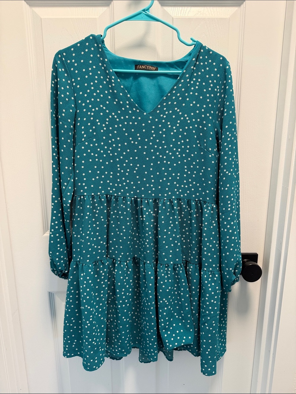 Fancyinn Teal White Polka Dot V-Neck Tiered Dress